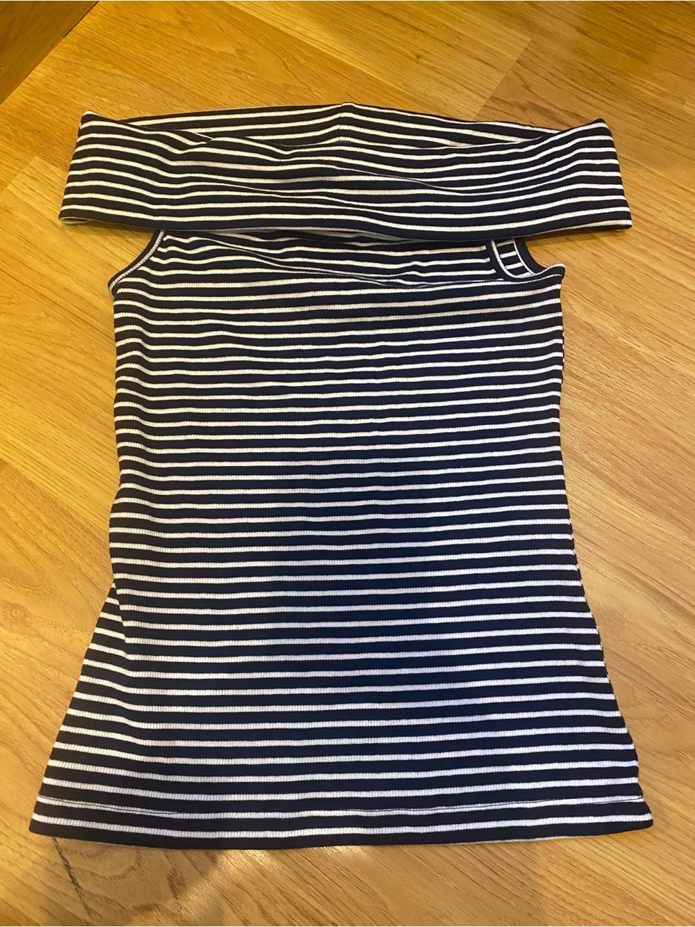LOFT Navy and White Striped Off-Shoulder Top